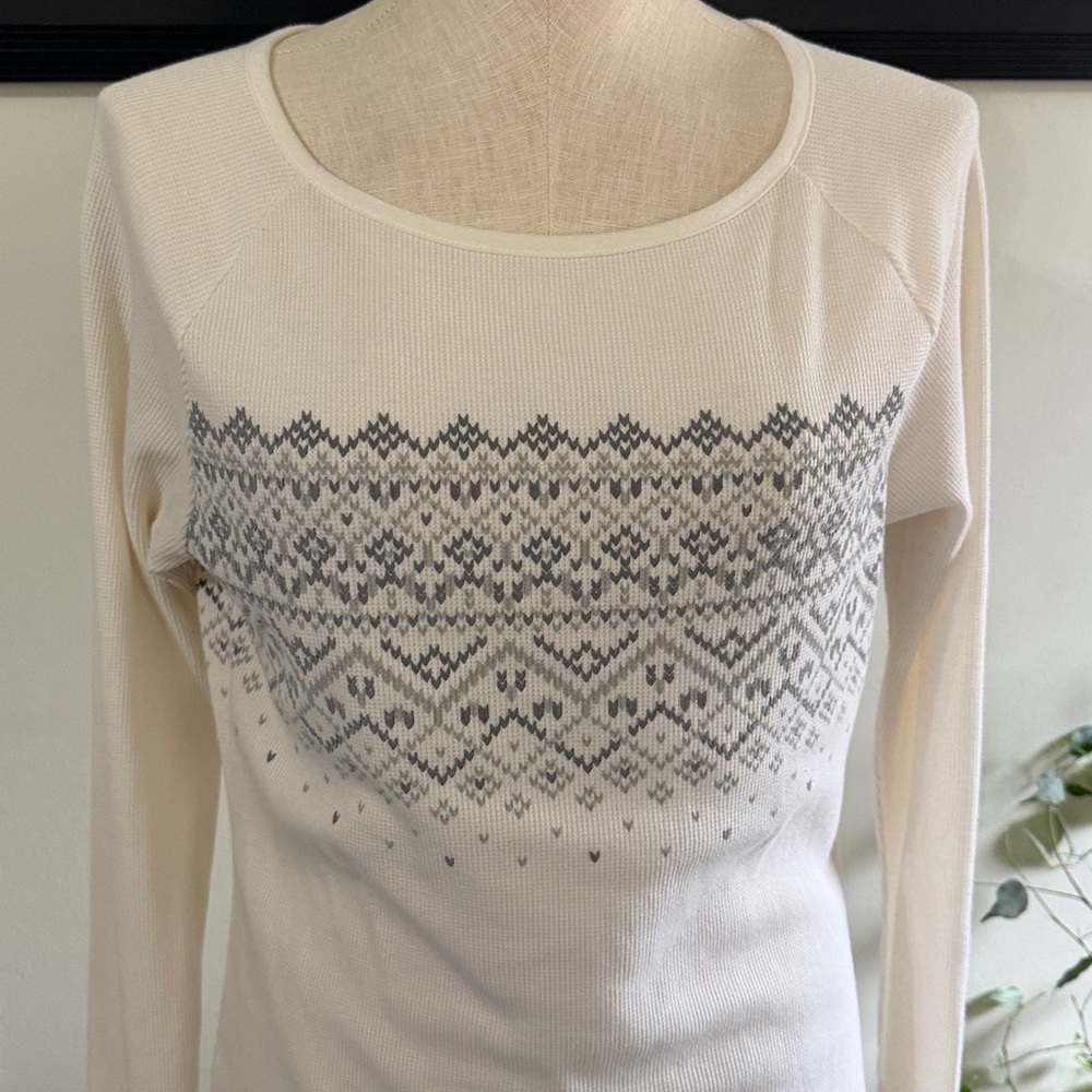 Eddie Bauer White and Gray thermal waffle knit Patterned Long Sleeve Top size L